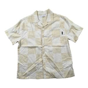 ZARA Boys Linen Summer Button Up Shirt Beige Plaid Size 11–12